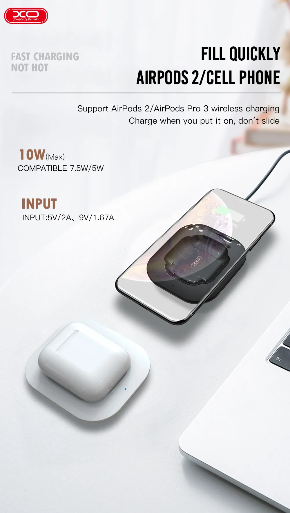 Беспроводное зарядное устройство для наушников XO (WX017) Fast Charger 10W белый