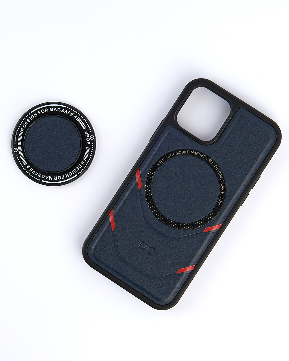 Чехол экокожа DC + PopSocket с поддержкой MagSafe для iPhone 12 Pro Max темно-синий