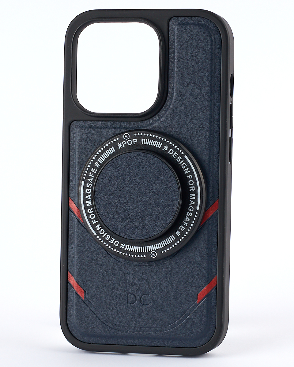 Чехол экокожа DC + PopSocket с поддержкой MagSafe для iPhone 13 Pro темно-синий