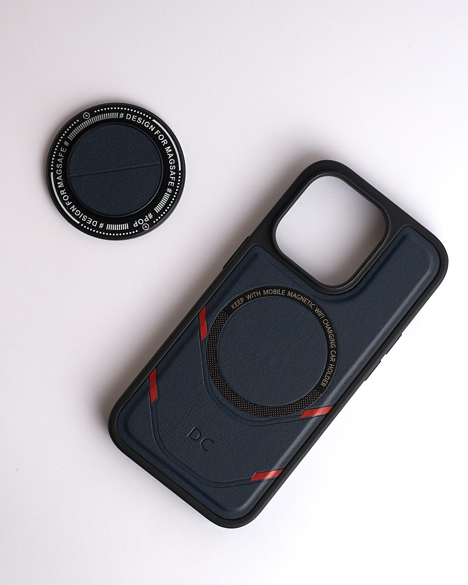 Чехол экокожа DC + PopSocket с поддержкой MagSafe для iPhone 13 Pro темно-синий