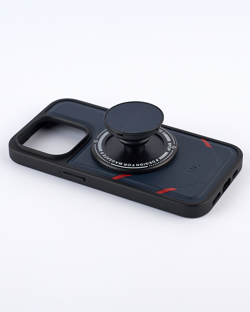 Чехол экокожа DC + PopSocket с поддержкой MagSafe для iPhone 13 Pro темно-синий