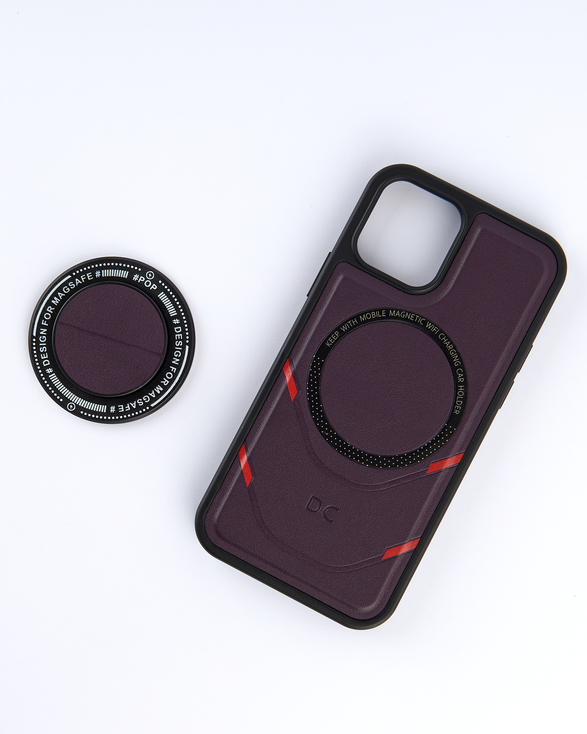 Чехол экокожа DC + PopSocket с поддержкой MagSafe для iPhone 14 темно-фиолетовый