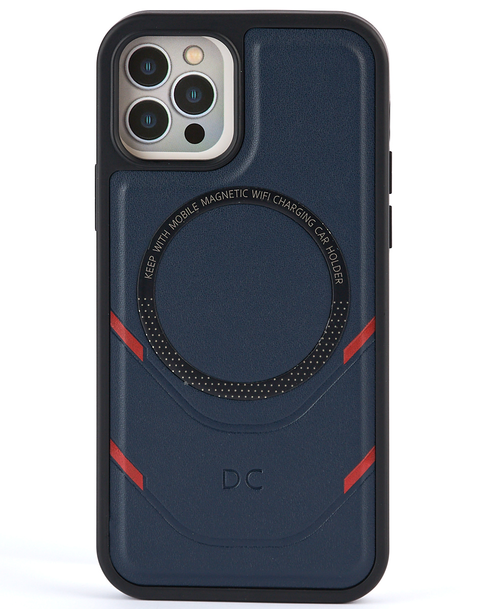 Чехол экокожа DC + PopSocket с поддержкой MagSafe для iPhone 14 темно-синий