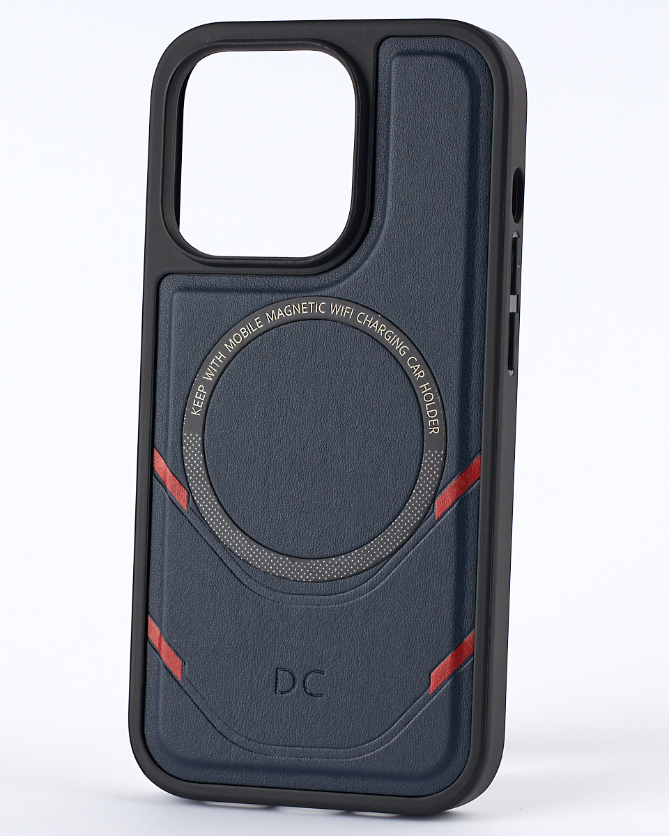 Чехол экокожа DC + PopSocket с поддержкой MagSafe для iPhone 14 Pro темно-синий