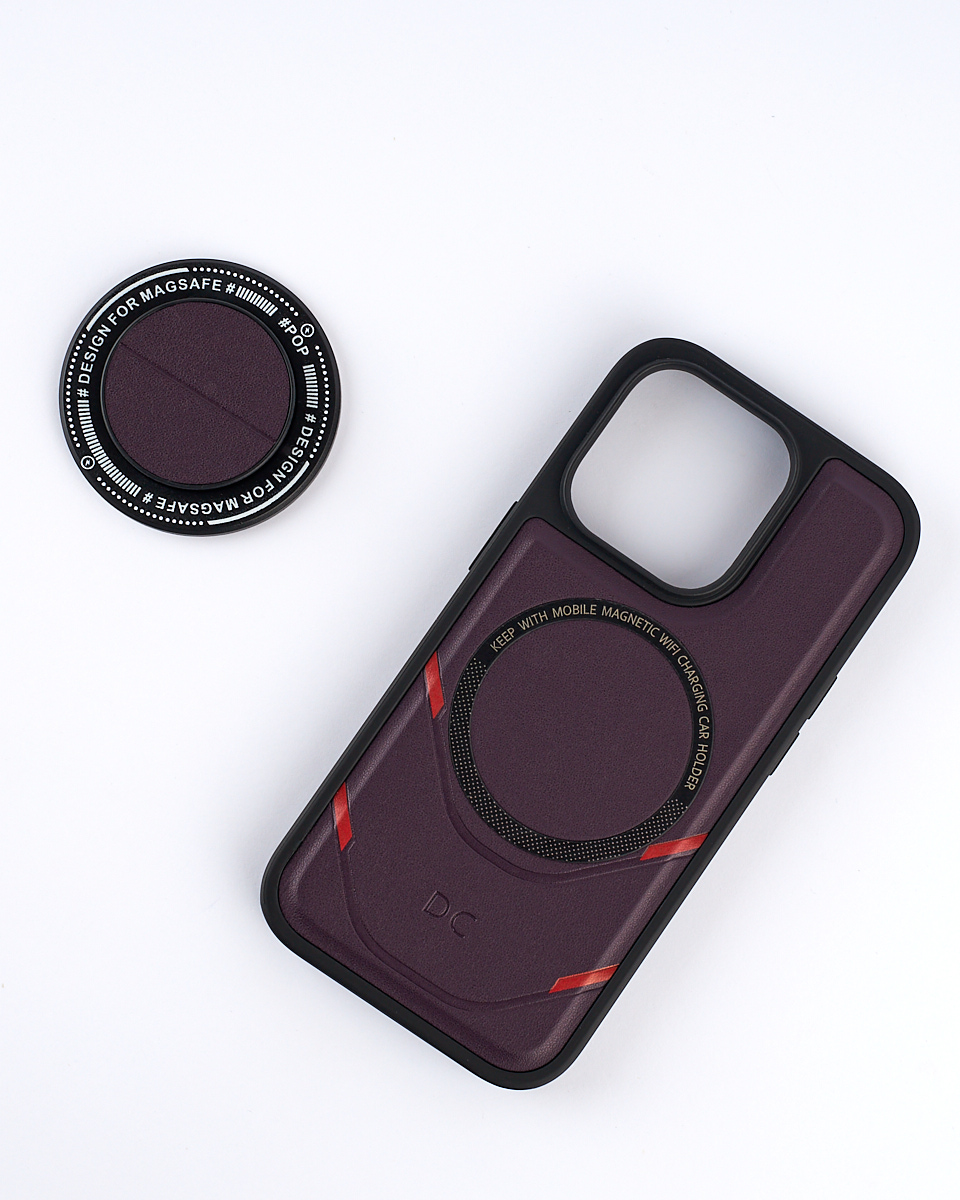 Чехол экокожа DC + PopSocket с поддержкой MagSafe для iPhone 14 Pro Max темно-фиолетовый