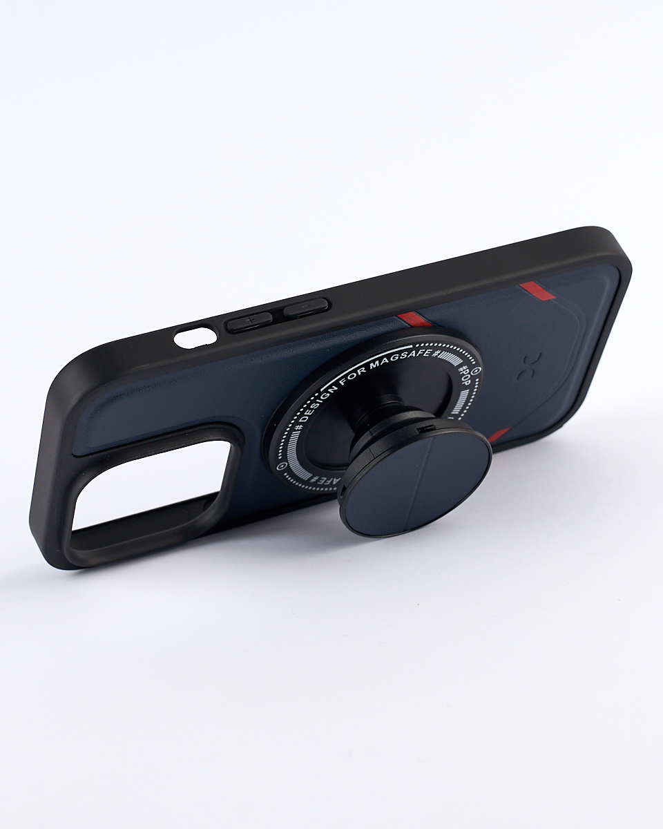 Чехол экокожа DC + PopSocket с поддержкой MagSafe для iPhone 14 Pro Max темно-синий