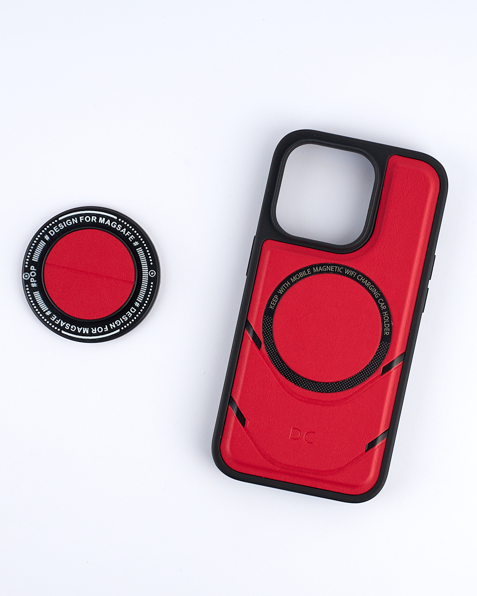 Чехол экокожа DC + PopSocket с поддержкой MagSafe для iPhone 14 Pro Max красный