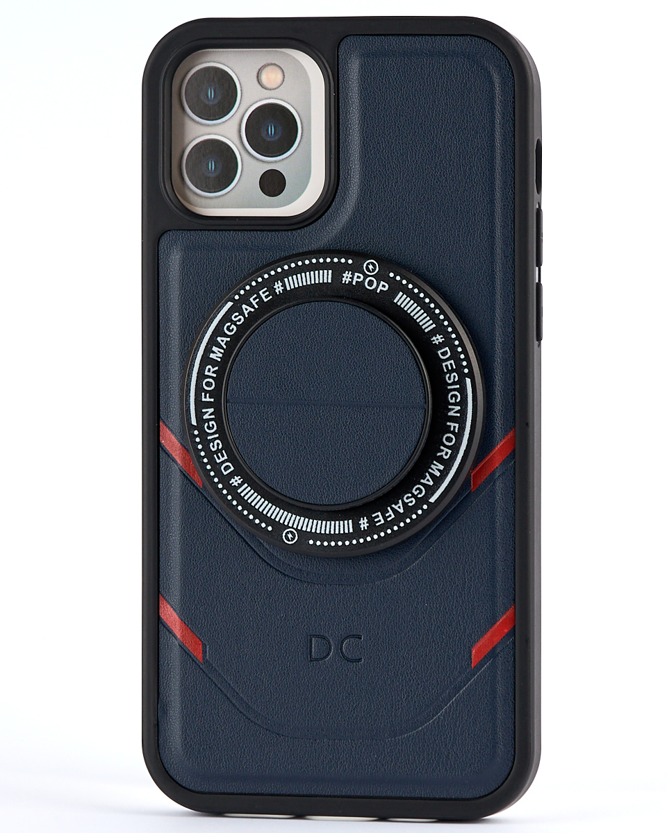 Чехол экокожа DC + PopSocket с поддержкой MagSafe для iPhone 12 / iPhone 12 Pro темно-синий