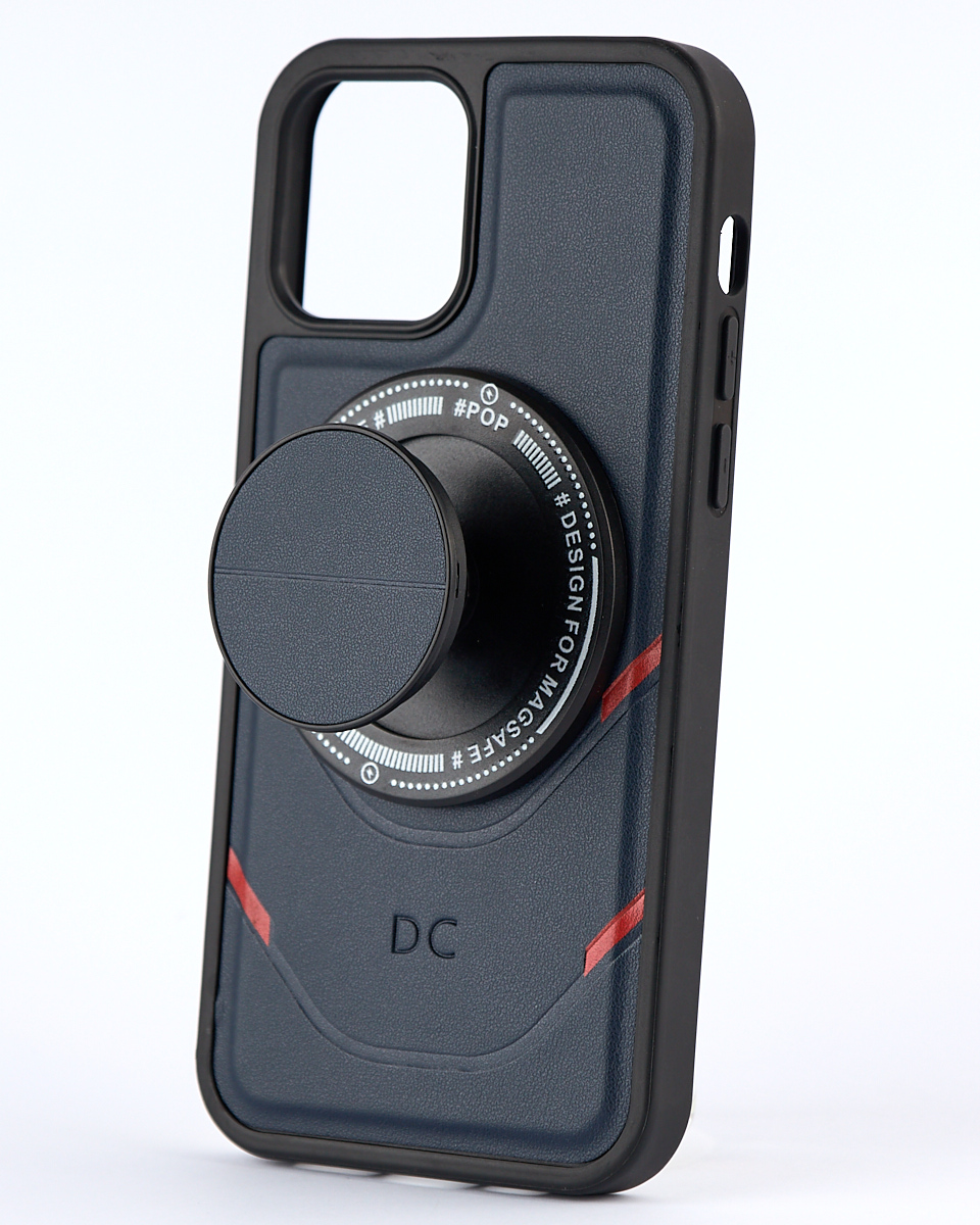 Чехол экокожа DC + PopSocket с поддержкой MagSafe для iPhone 12 / iPhone 12 Pro темно-синий