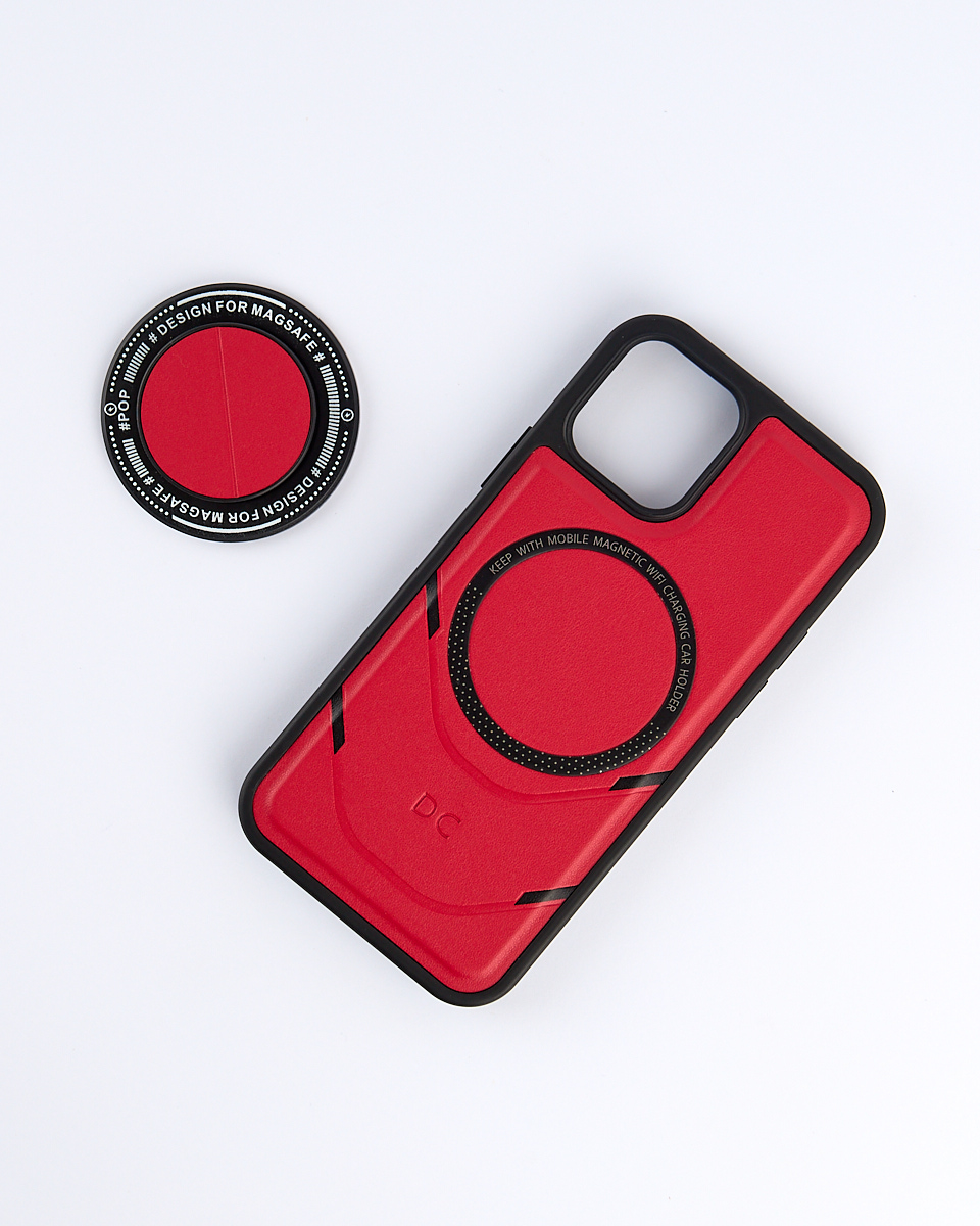 Чехол экокожа DC + PopSocket с поддержкой MagSafe для iPhone 12 Pro Max красный
