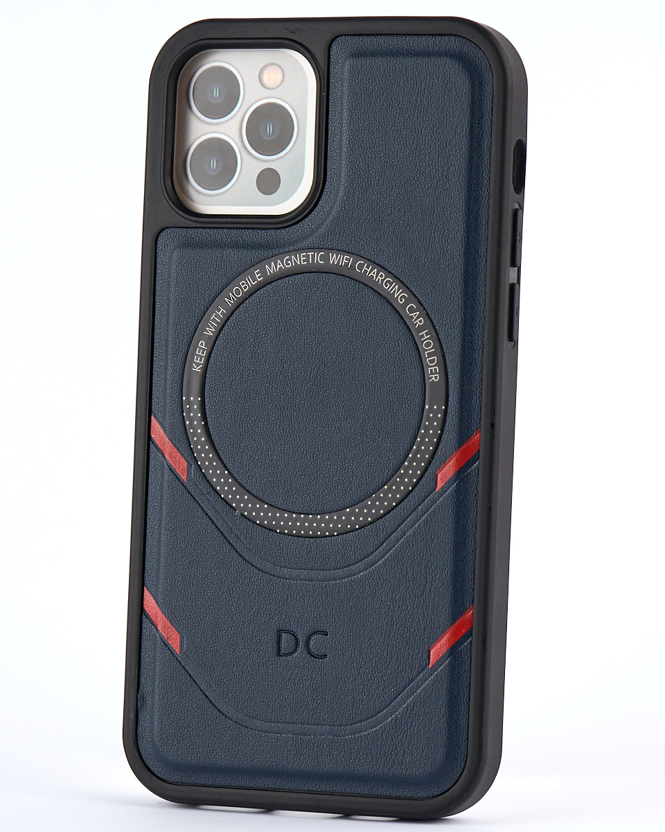 Чехол экокожа DC + PopSocket с поддержкой MagSafe для iPhone 12 Pro Max темно-синий