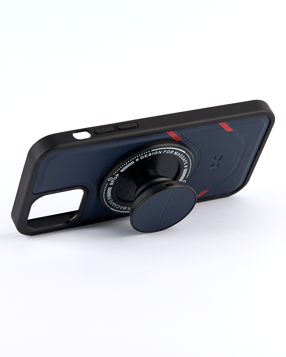Чехол экокожа DC + PopSocket с поддержкой MagSafe для iPhone 12 Pro Max темно-синий