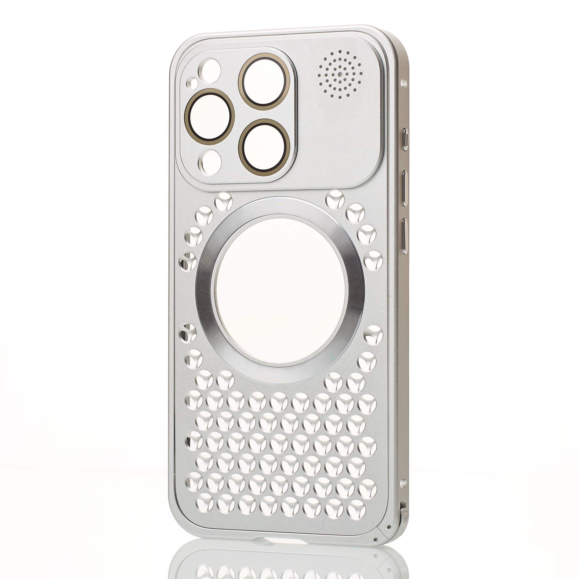 Металлический чехол AROMA PERFORATED METAL с поддержкой MagSafe для iPhone 14 Pro Max серебряный