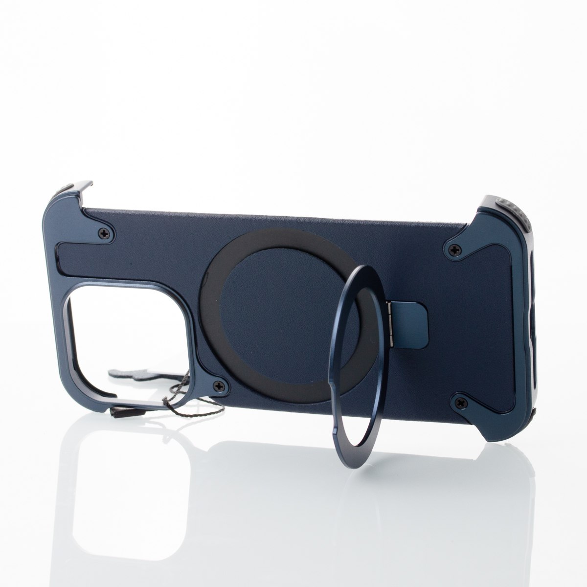 Металлический чехол LEATHER METAL FRAME с поддержкой MagSafe для iPhone 15 Pro темно-синий