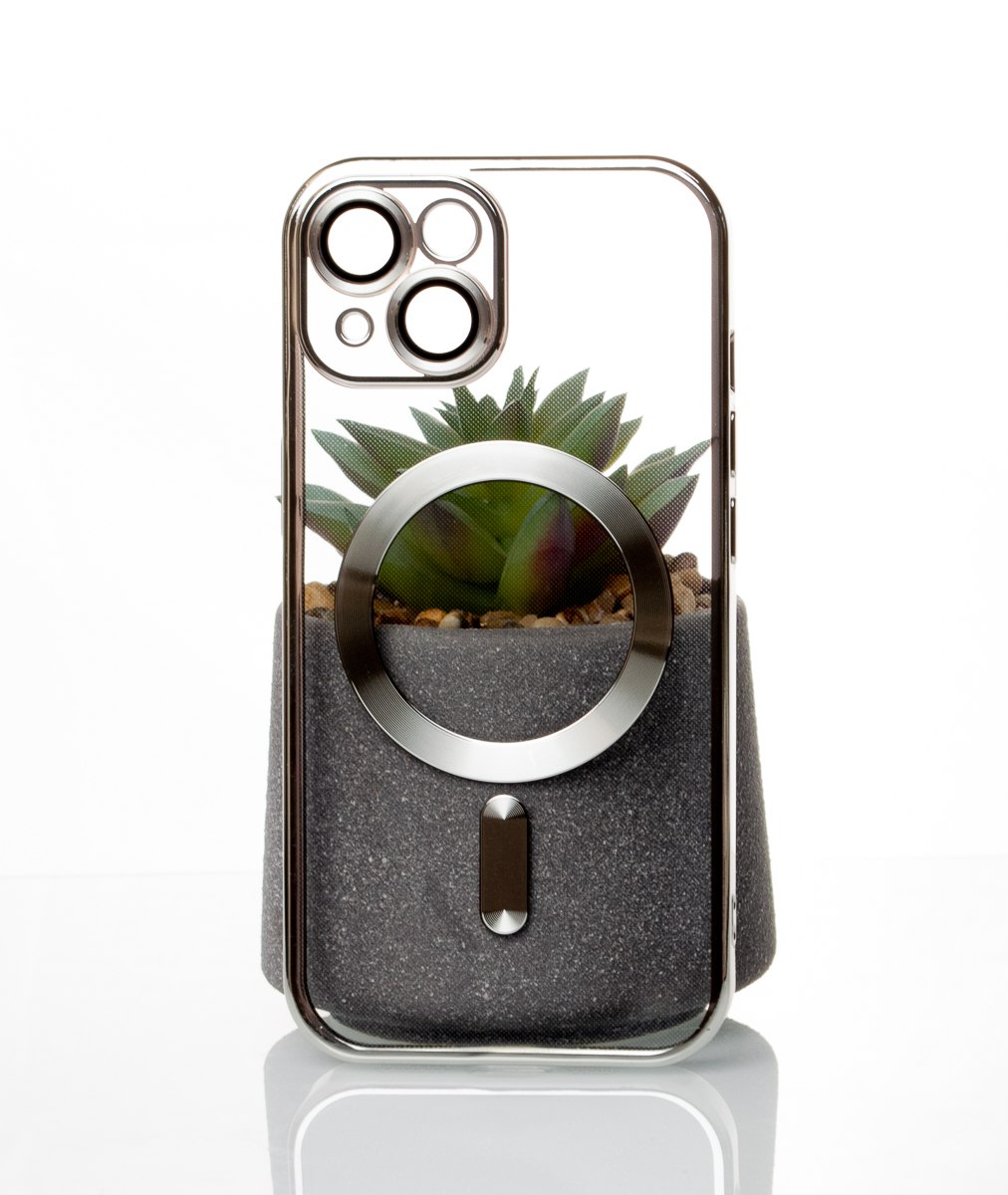 Силиконовый чехол SHINING с поддержкой MagSafe для iPhone 15 Plus серебряный